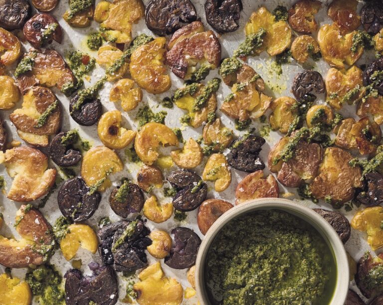 Recipe: Roasted smashed baby potatoes with wild greens pesto