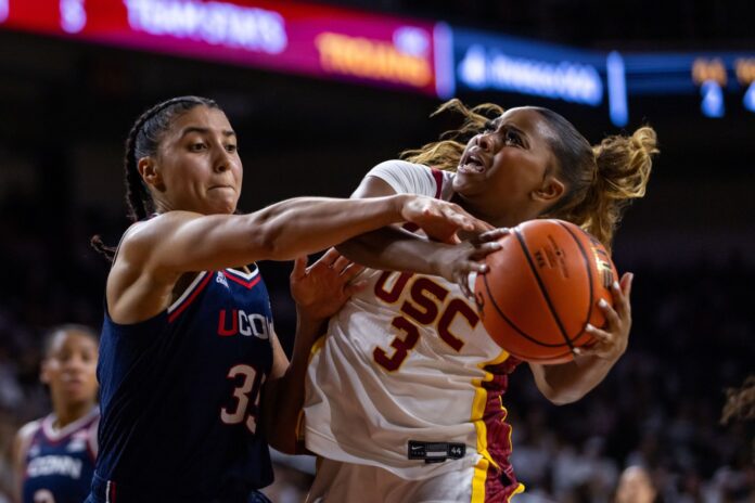 No. 1 UConn women’s basketball routs No. 16 USC 79-51 for statement victory on the road