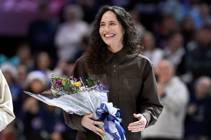 Sue Bird’s number heads for the rafters and then top-ranked UConn women rout DePaul, 102-35