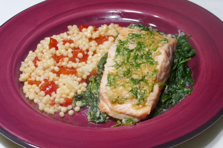 Quick Fix: Garlic and Herb Salmon on Creamy Spinach with Pimento Couscous