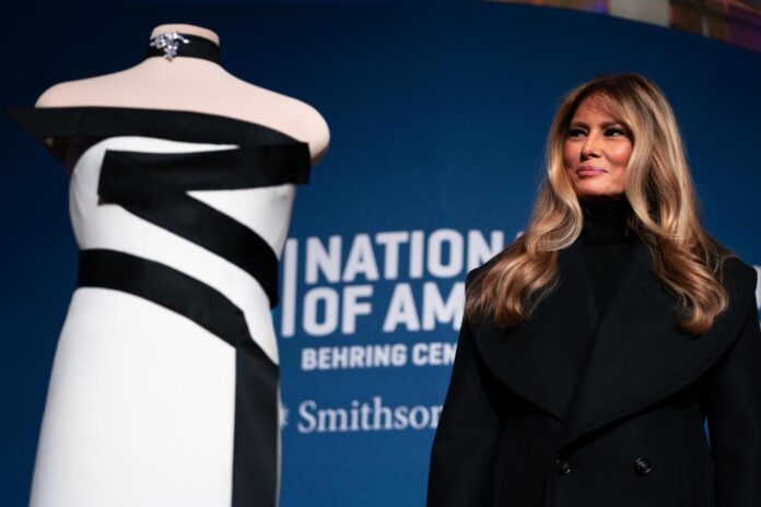 Melania Trump donates her white and black-trimmed inaugural ball gown to the Smithsonian