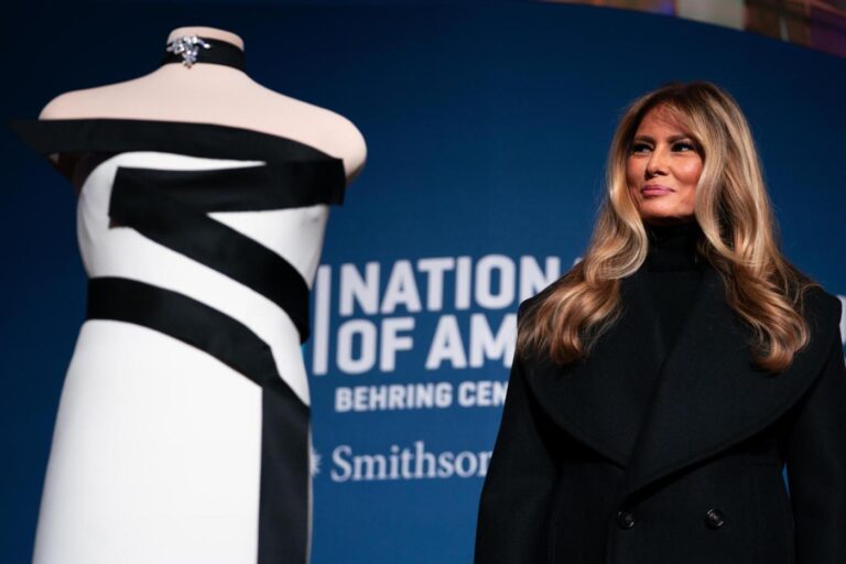 Melania Trump donates her white and black-trimmed inaugural ball gown to the Smithsonian