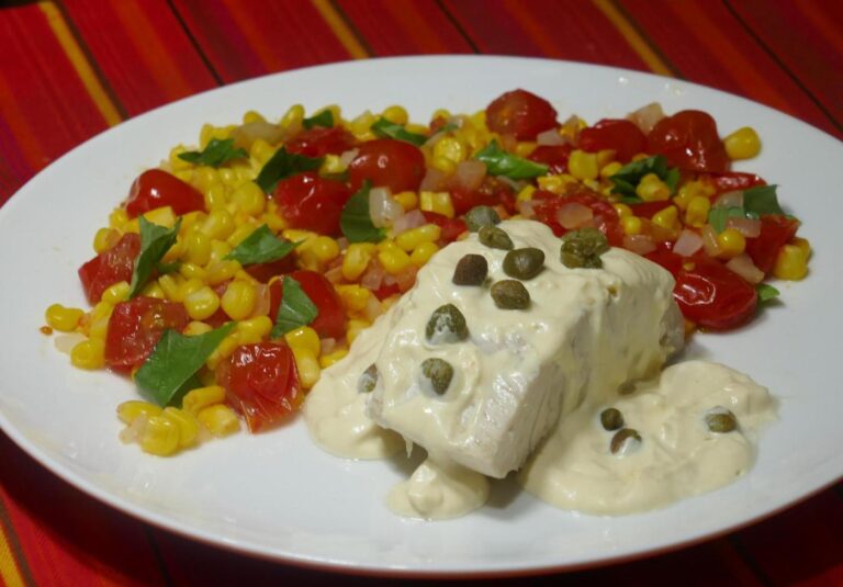 Quick Fix: Simple Poached Fish with Caper Sauce and Quick Corn and Tomatoes